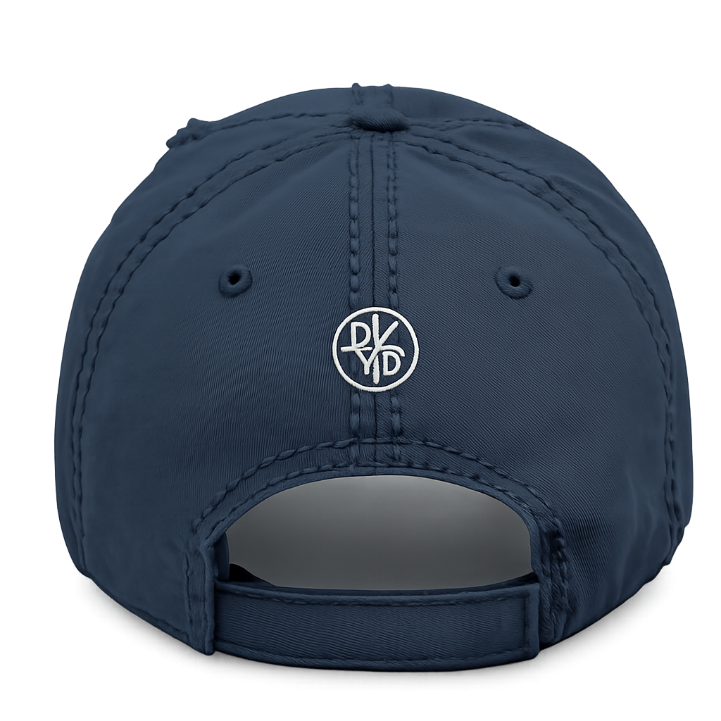 Navy Distressed DIYD Embroidered 'Dad' Hat - Vintage Baseball Cap ("Dad: Forged in Work")