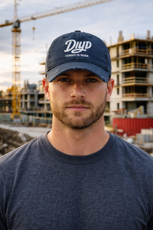 Navy Distressed DIYD Embroidered 'Dad' Hat - Vintage Baseball Cap ("Dad: Forged in Work")