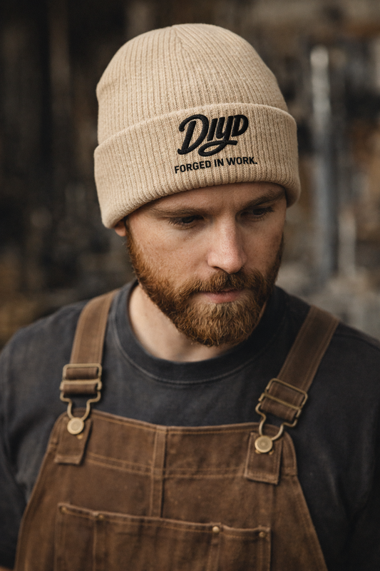 Male wearing Beige Beanie. and overall