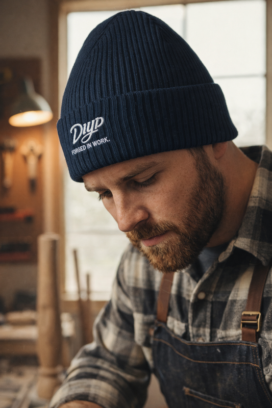 Navy Blue - DIYD Beanie Man working in shop