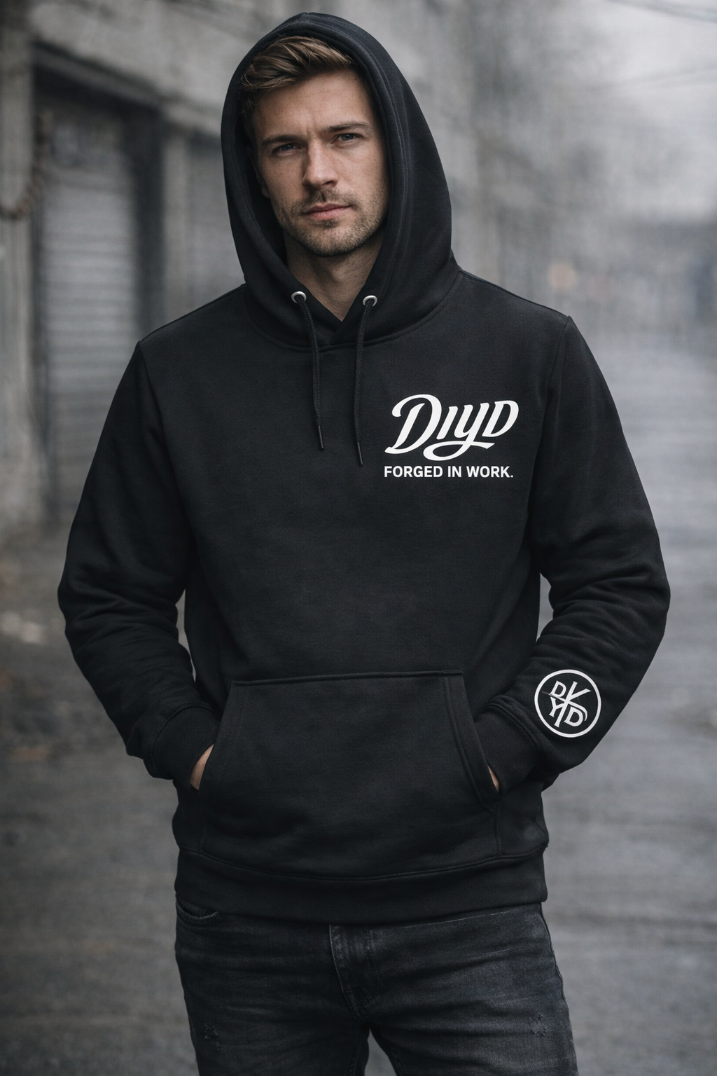 Do It Yourself Dad black hoodie by DIYD  DIYD workwear hoodie with forged in work design