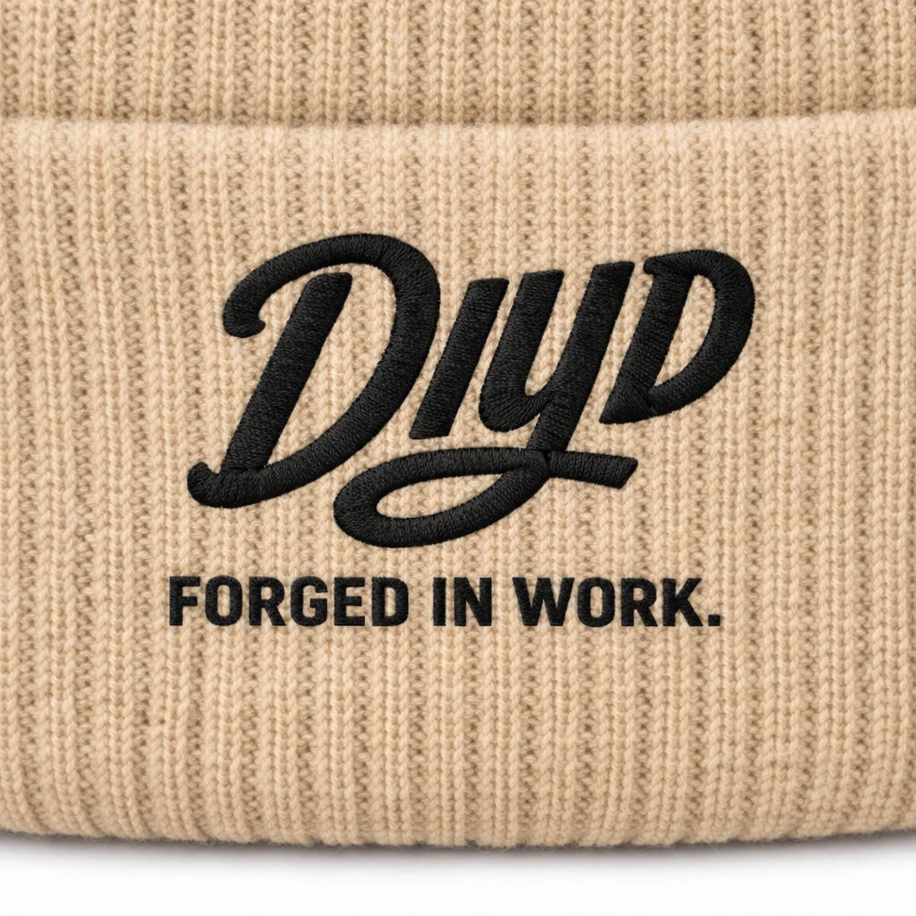 Close Up of Beanie, Embroidery. Forged in Work