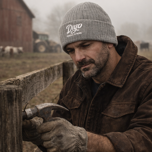 Grey Beanie. Male fixing Fence
