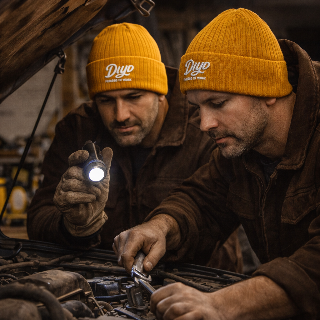 2 Male wearing Mustard Beanie