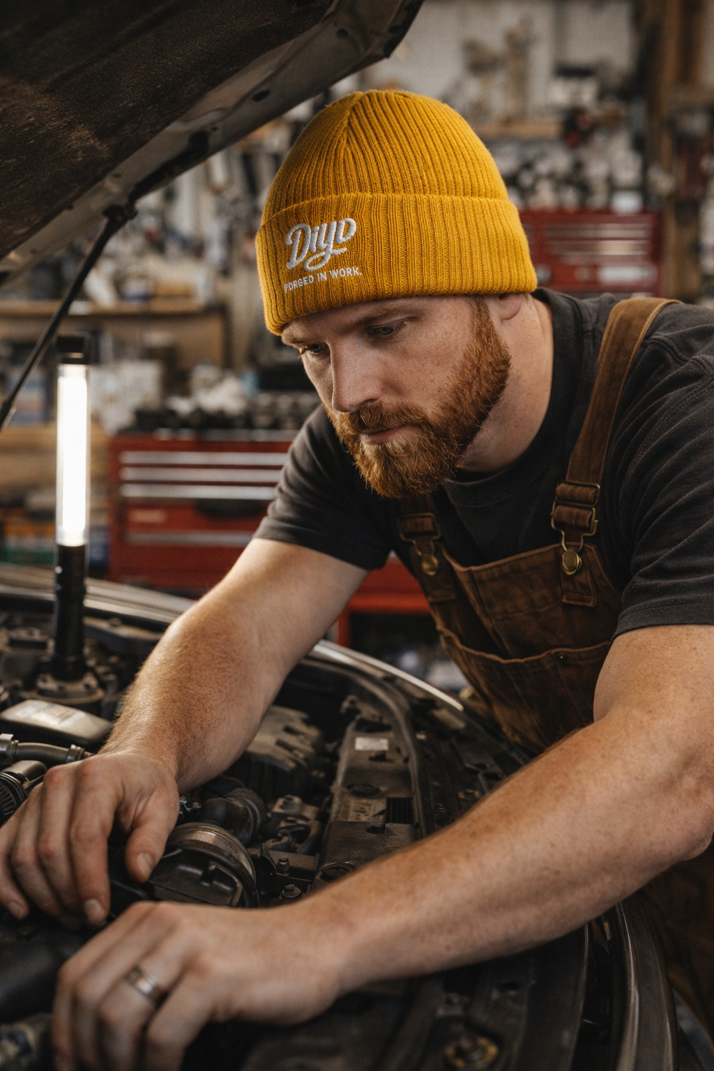 Man Wearing Mustard Beanie  in Garage